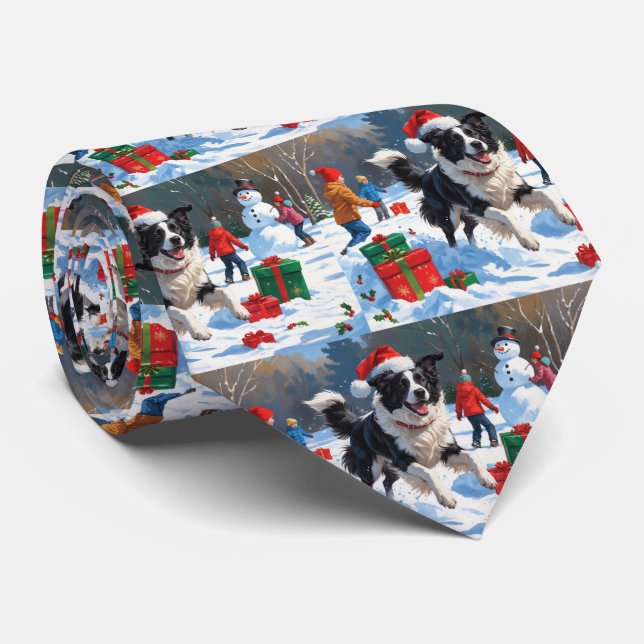 Border Collie Christmas Festive Snow Scene Tie (Rolled)