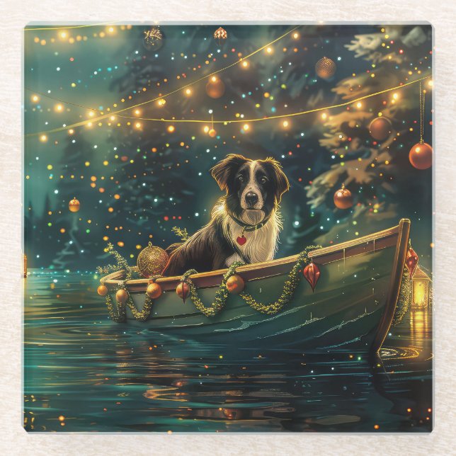 Border Collie Christmas Festive Voyage Glass Coaster (Front)