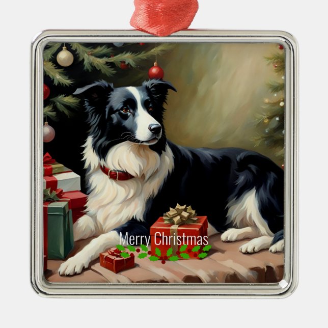 Border Collie Christmas Metal Tree Decoration (Front)