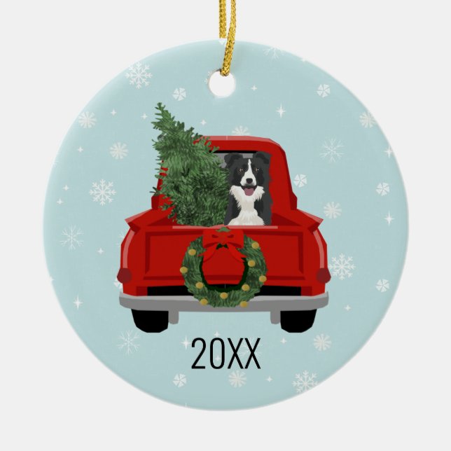 Border Collie Christmas Red Truck Ceramic Tree Decoration (Front)