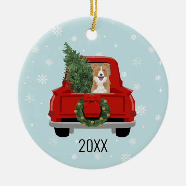 Border Collie Christmas Red Truck Ceramic Tree Decoration (Front)