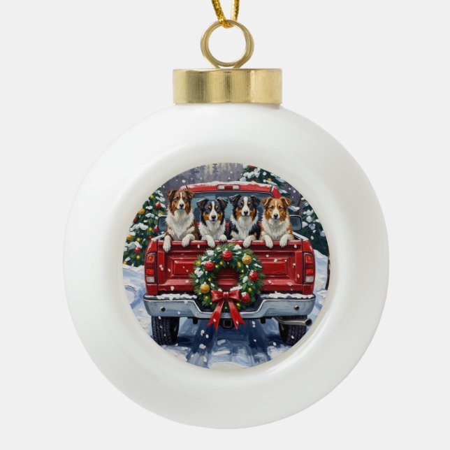 Border Collie Christmas Red Truck Holiday Ceramic Ball Christmas Ornament (Front)