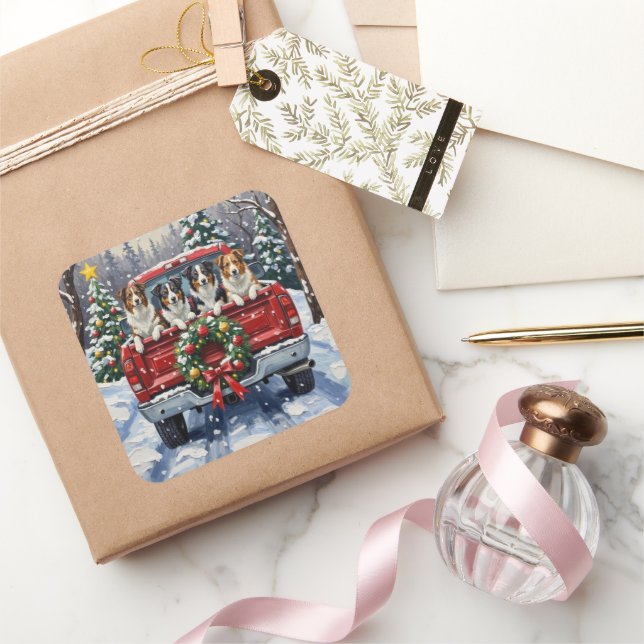 Border Collie Christmas Red Truck Holiday Square Sticker (Gifting)