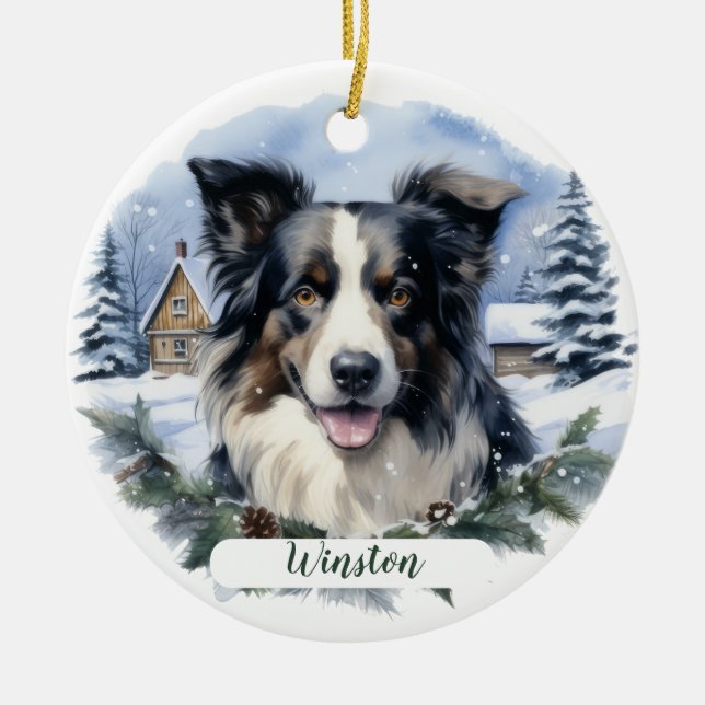 Border Collie Christmas Snow Evergreen Dog Name Ceramic Tree Decoration (Front)