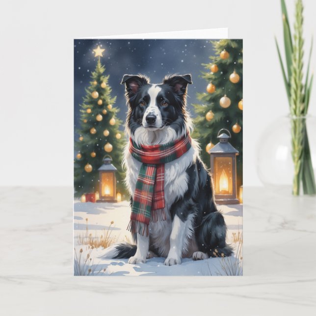 Border Collie Christmas Snow Scene Watercolor Card (Front)