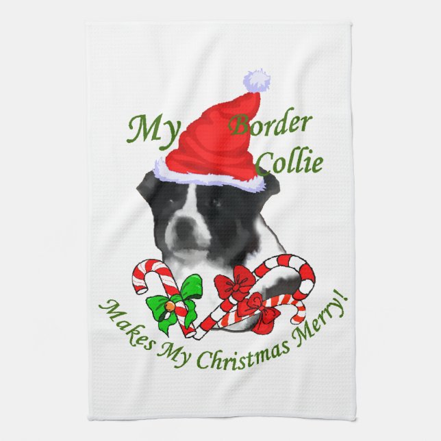 Border Collie Christmas Tea Towel (Vertical)