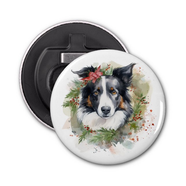 Border Collie Christmas Wreath Festive Pup  Bottle Opener (Front)