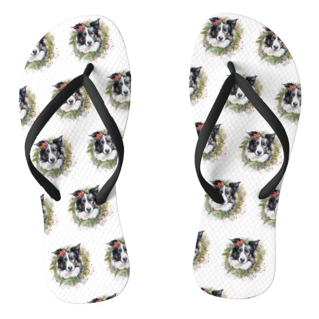 Border Collie Christmas Wreath Festive Pup  Flip Flops (Footbed)