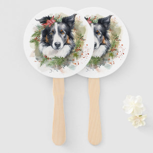 Border Collie Christmas Wreath Festive Pup  Hand Fan