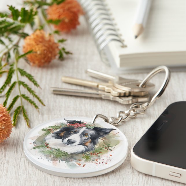Border Collie Christmas Wreath Festive Pup  Key Ring (Front Right)