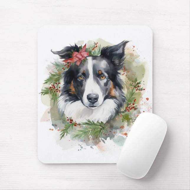 Border Collie Christmas Wreath Festive Pup  Mouse Mat (With Mouse)