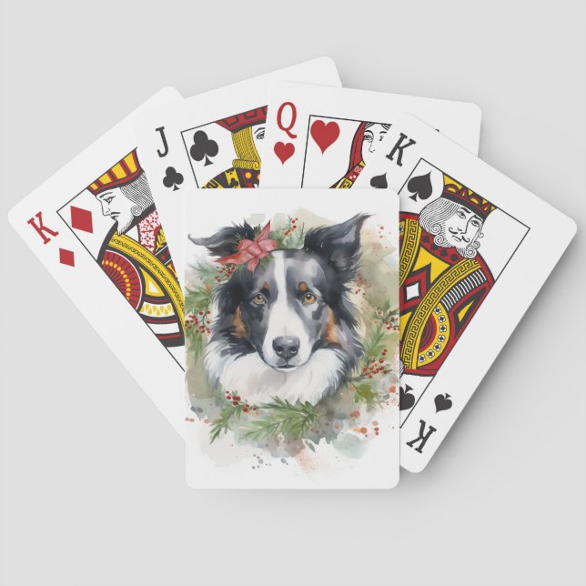 Border Collie Christmas Wreath Festive Pup  Playing Cards (Back)