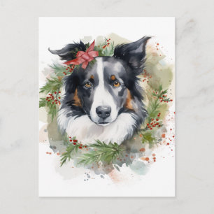Border Collie Christmas Wreath Festive Pup  Postcard