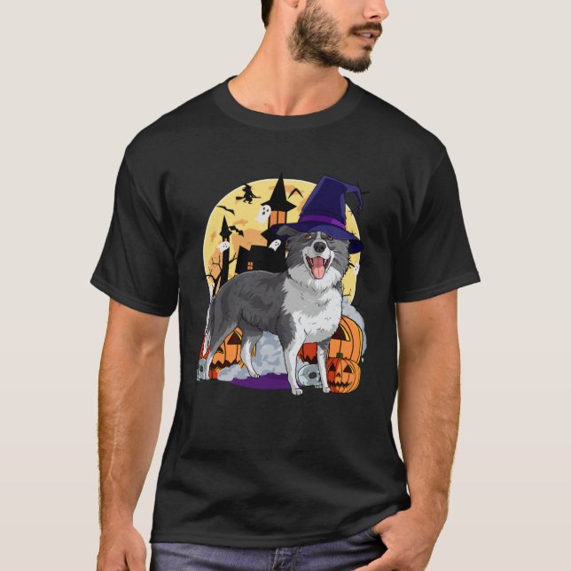 Border Collie Cute Dog Halloween Witch Pumpkin T-Shirt (Front)