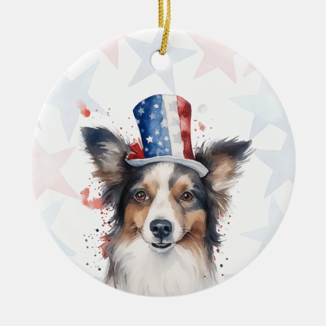 Border Collie Dog, 4th of july Personalized Ceramic Tree Decoration (Front)