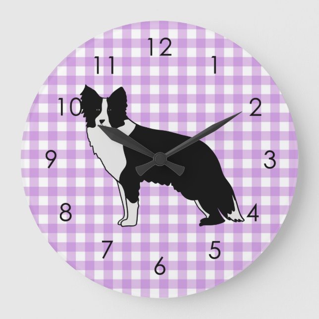 Border Collie Dog Abstract Illustration Gingham Large Clock (Front)