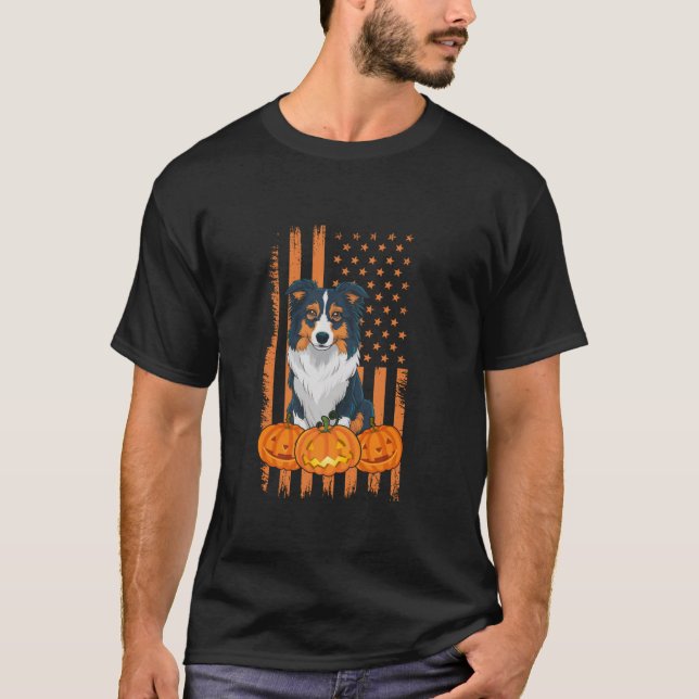 Border Collie Dog American Flag Patriotic Hallowee T-Shirt (Front)