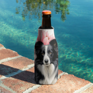 Border Collie Dog and Bold Pink Lilies Bottle Cooler