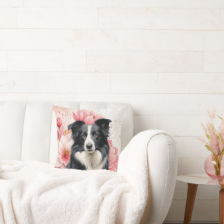 Border Collie Dog and Bold Pink Lilies Cushion
