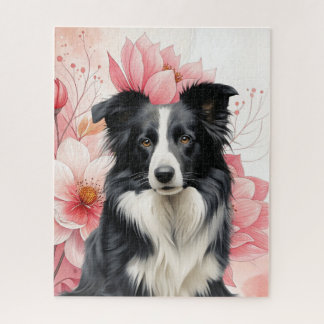 Border Collie Dog and Bold Pink Lilies Jigsaw Puzzle