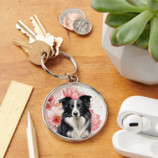 Border Collie Dog and Bold Pink Lilies Key Ring