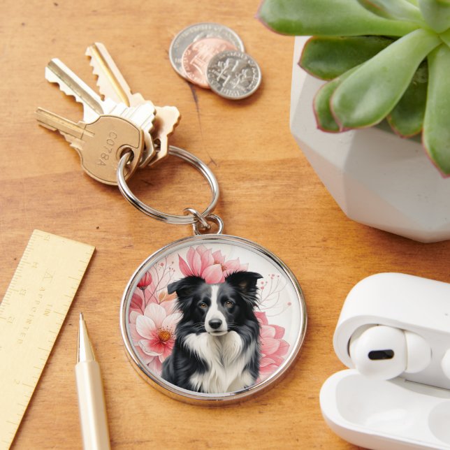 Border Collie Dog and Bold Pink Lilies Key Ring (Desk)