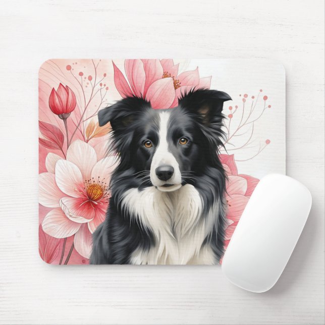 Border Collie Dog and Bold Pink Lilies Mouse Mat (With Mouse)