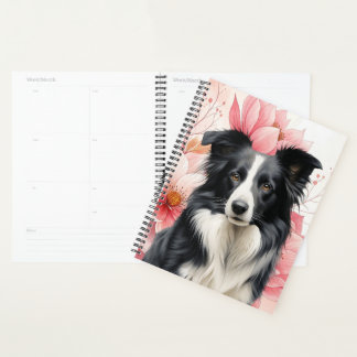 Border Collie Dog and Bold Pink Lilies Planner