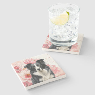 Border Collie Dog and Bold Pink Lilies Stone Coaster