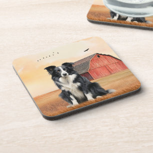 Border Collie Dog and Red Barn Ranch Coaster