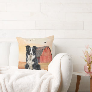 Border Collie Dog and Red Barn Ranch Cushion