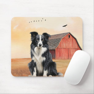 Border Collie Dog and Red Barn Ranch Mouse Mat