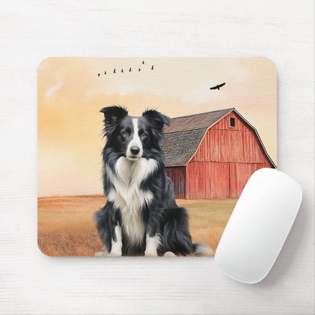Border Collie Dog and Red Barn Ranch Mouse Mat (With Mouse)