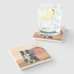 Border Collie Dog and Red Barn Ranch Stone Coaster