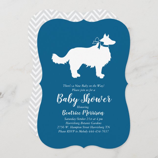 Border Collie Dog Baby Shower Blue Boy Invitation (Front/Back)