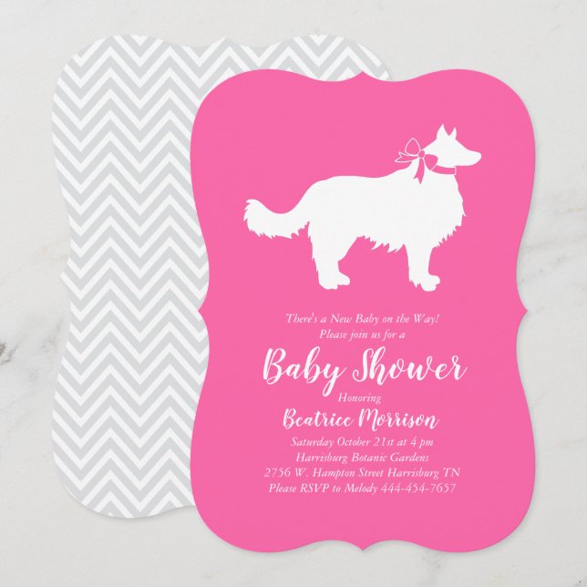 Border Collie Dog Baby Shower Pink Girl Invitation (Front/Back)