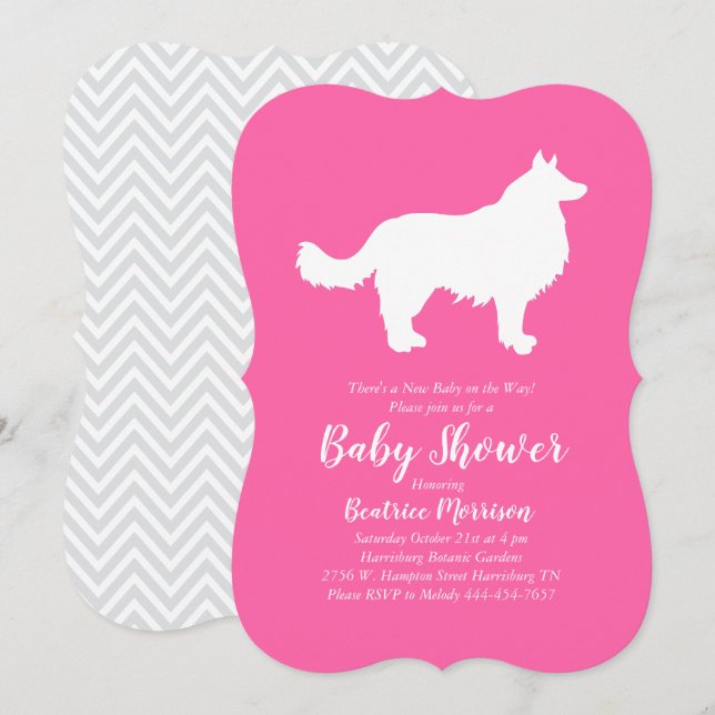 Border Collie Dog Baby Shower Pink Girl Invitation (Front/Back)