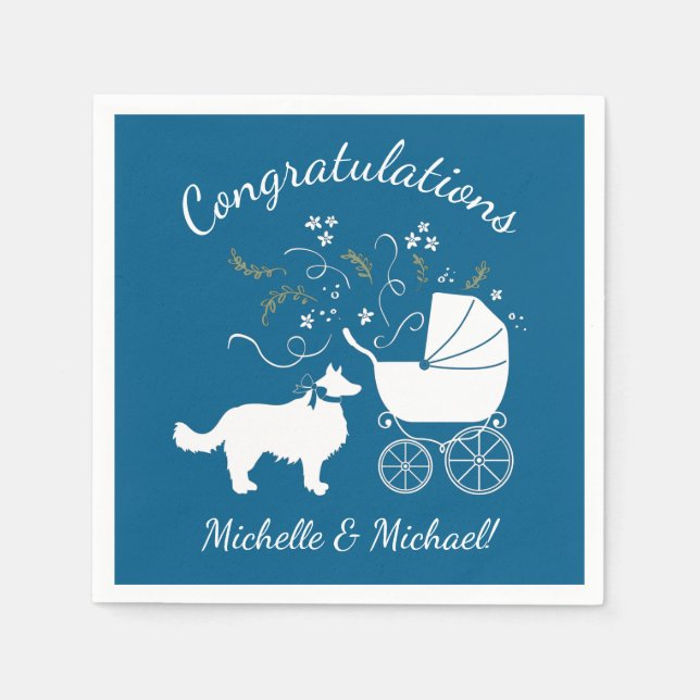 Border Collie Dog Baby Shower Puppy Blue Boy Napkin (Front)