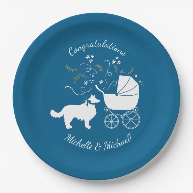 Border Collie Dog Baby Shower Puppy Blue Boy Paper Plate (Front)