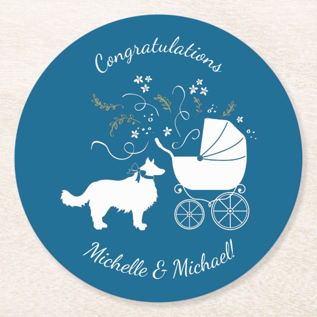 Border Collie Dog Baby Shower Puppy Blue Boy Round Paper Coaster (Front)