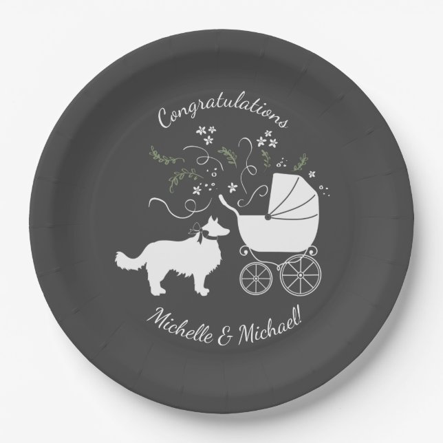 Border Collie Dog Baby Shower Puppy Grey Paper Plate (Front)