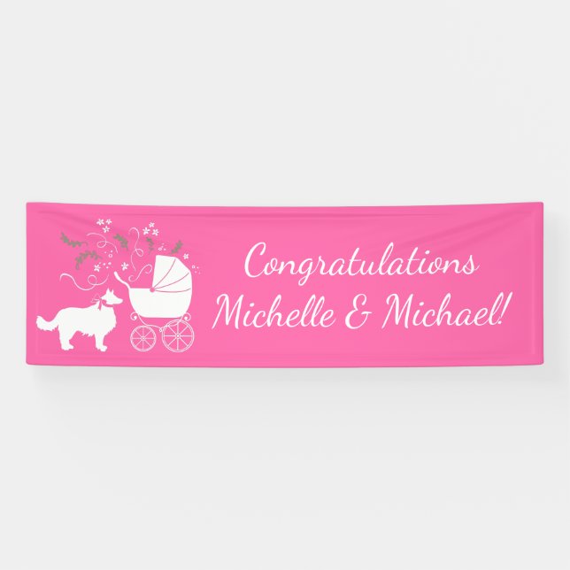 Border Collie Dog Baby Shower Puppy Pink Girl Banner (Horizontal)