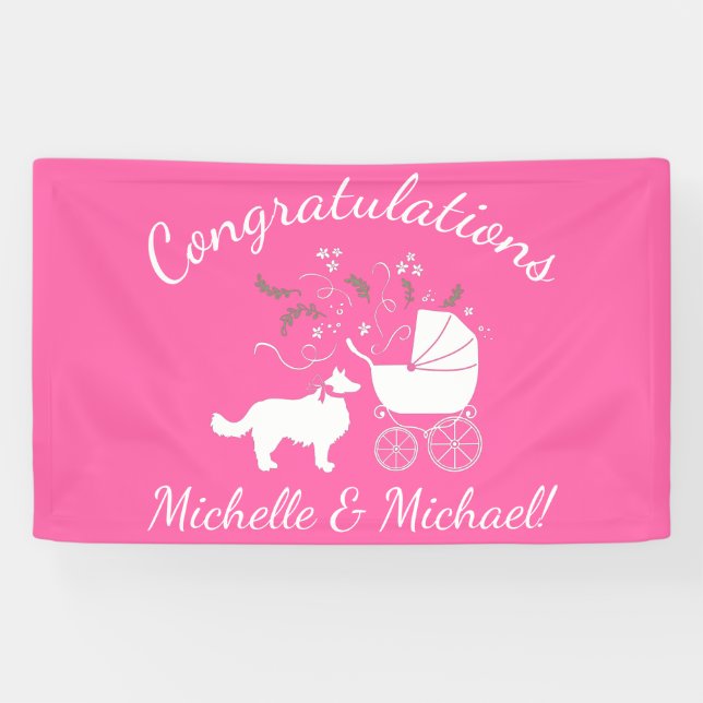 Border Collie Dog Baby Shower Puppy Pink Girl Banner (Horizontal)