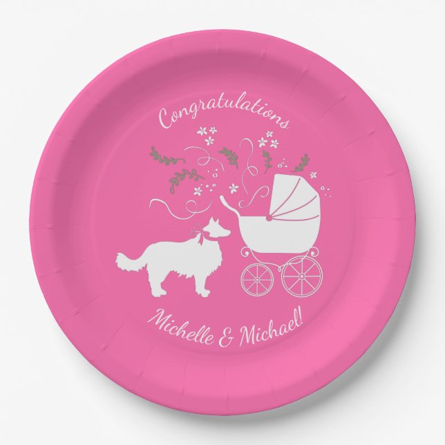 Border Collie Dog Baby Shower Puppy Pink Girl Paper Plate (Front)
