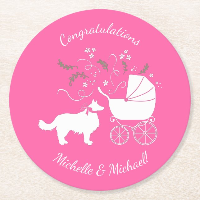 Border Collie Dog Baby Shower Puppy Pink Girl Round Paper Coaster (Front)