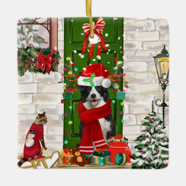 Border Collie Dog Christmas    Ceramic Ornament (Front)