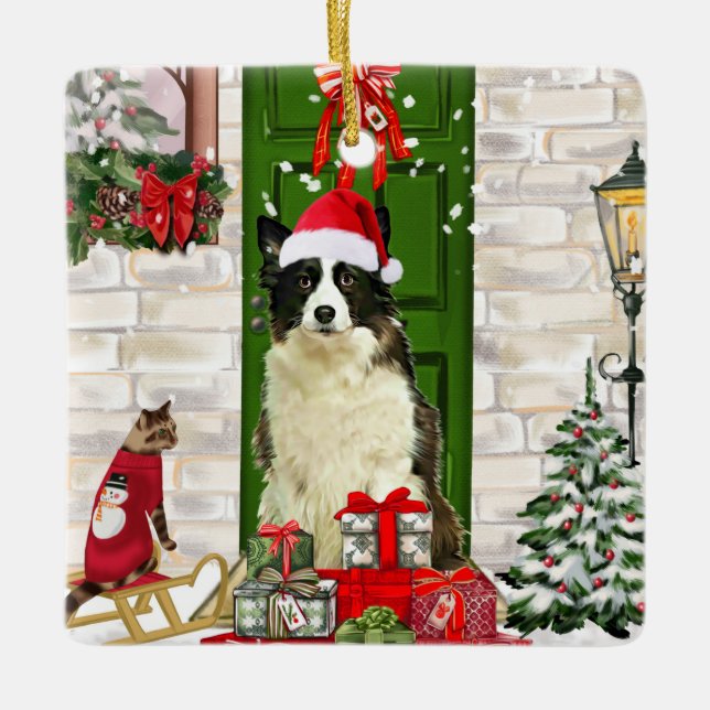 Border Collie Dog Christmas  Ceramic Ornament (Front)