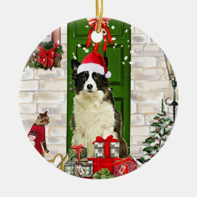 Border Collie Dog Christmas   Ceramic Tree Decoration (Front)