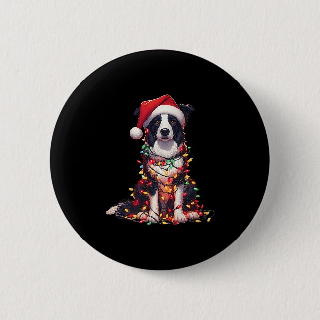 Border Collie Dog Christmas Lights Santa Hat Dog L 6 Cm Round Badge (Front)