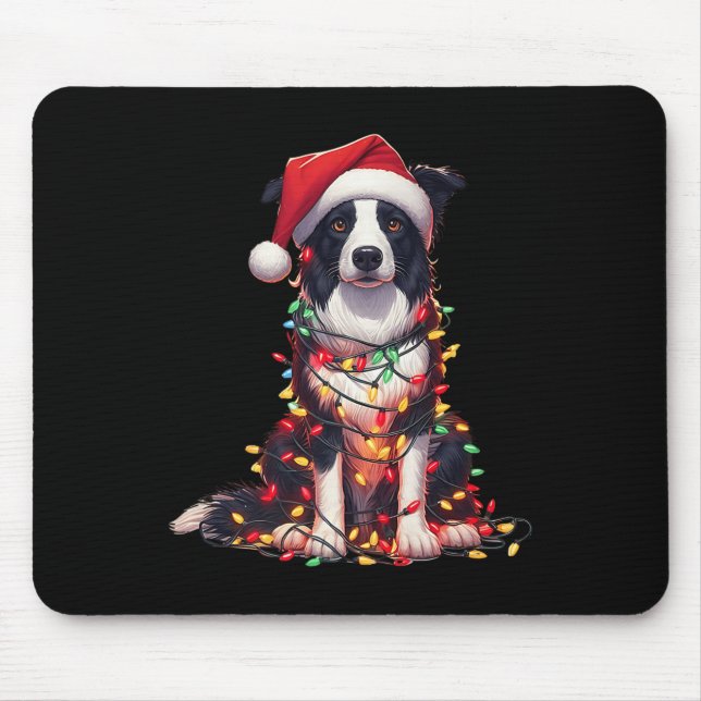 Border Collie Dog Christmas Lights Santa Hat Dog L Mouse Mat (Front)